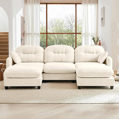 107" U Shaped Couch for Living Room, Comfy Chenille Fabric Cloud Sectional Couch, Modern Upholstered Deep Seat Sofa with Pillow and 2 Movable Ottoman, Oversized 3 Seater Sectional Sofa, Beige