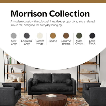 SIMPLIHOME Morrison 72-inch Wide Sofa in Lead Black Genuine Leather, Mid-Century Modern-Style Loveseat for Living Room, Single Bench Cushion, Removable Back Cushions, 2 Bolster Pillows