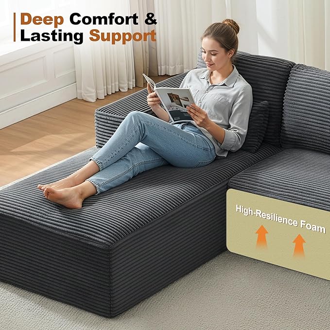 106" Cloud Modular Sectional Sofa Couch,L-Shape Modern Boneless Sectional Couch with Deep Seat,Upholstered Couches for Living Room Bedroom,No Assembly Required,Grey
