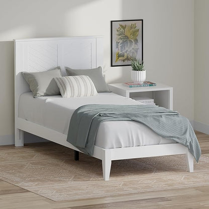 Serene Farmhouse Style Wood Bed in Twin Size with Chevron Scoring Headboard, Coastal Modern Design, Sturdy, Easy Assembly, Ample Underbed Storage, White Finish