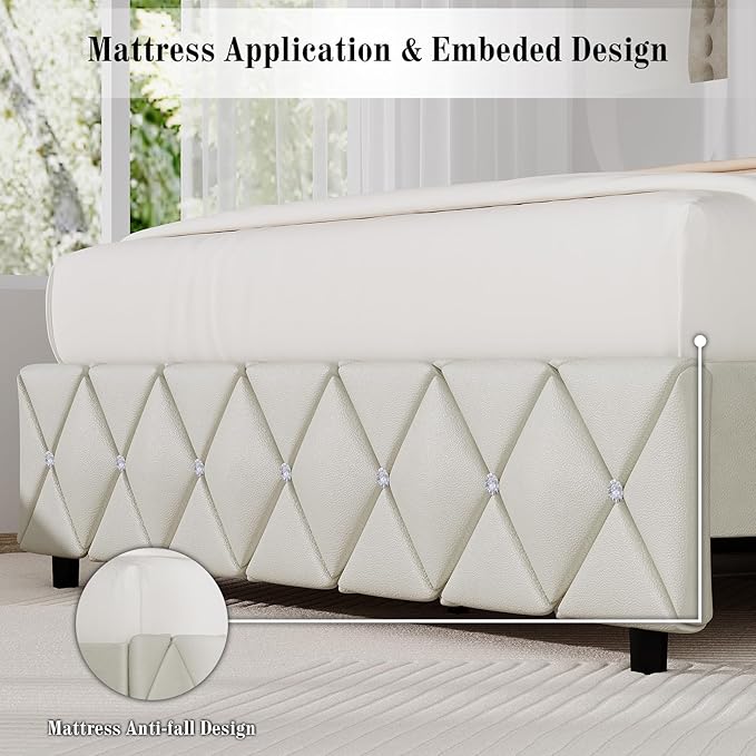 BarnFurin Full Bed Frame with Diamond Tufted Headboard, Faux Leather Upholstered Bed with Wooden Slats Support, No Box Spring Needed, Mattress Foundation, Easy Assembly, Cream