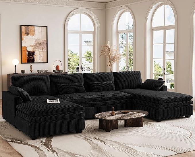 Belffin Large Modular Sectional Sofa with Double Deep Chaise, 135" Corduroy U Shaped Sectional Couch with 9" Soft Dual-Layer 6 Seats U Shaped Couch for Living Room, Apartment, Black