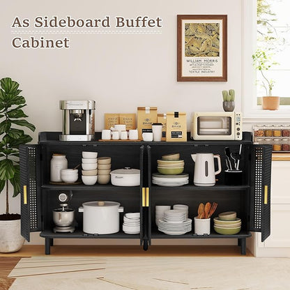 ORRD 4 Doors Storage Cabinet, 2 Tier Wooden Storage Organizer Cabinet with Adjustable Shelf, Sideboard Buffet Cabinets with Iron Curved Doors Accent Shoe Rack for Entryway Hallway Living Room (Black)