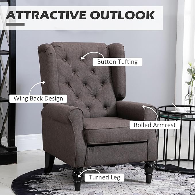 HOMCOM Mid-Century Modern Accent Chair, High Wingback Chair, Button-Tufted Upholstered Fabric Armchair with Retro Wood Legs for Living Room, Bedroom, Dark Brown