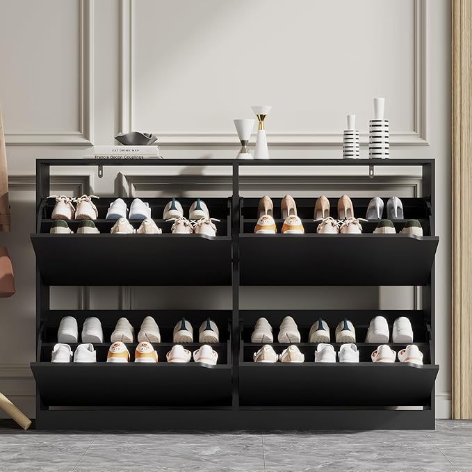 Shoe Storage Cabinet for Entryway with 4 Flip Drawers, Sturdy Wood Hidden Shoe Storage, Freestanding Narrow Slim Shoe Organizer for Front Door Entrance, Living Room, Hallway, Bedroom, Black