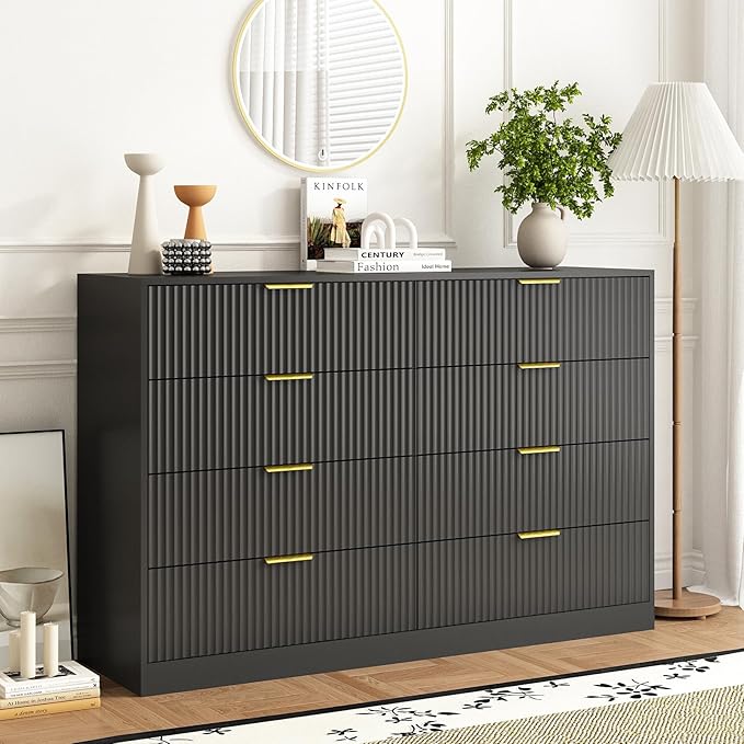 3-Piece Modern Bedroom Furniture Set, Wide 8-Drawer Dresser & 1-Drawer Nightstands Set of 2, Natural Wood Dresser and Nightstand Sets for Bedroom, Hallway, Black