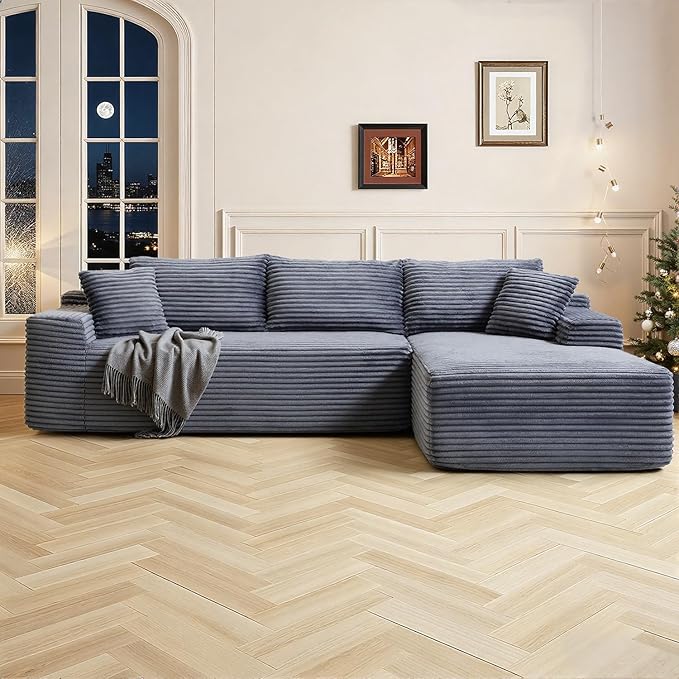 108 Inch Cloud Sectional Couch,Modern Modular Sectional Sofa with Deep Seat,Corduroy Boneless Couches with L-Shape Chaise for Living Room,No Assembly Required (Grey, Right Facing Chaise)