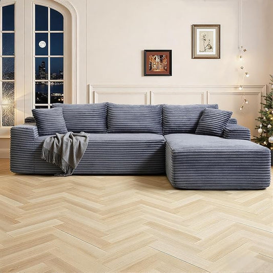 108 Inch Cloud Sectional Couch,Modern Modular Sectional Sofa with Deep Seat,Corduroy Boneless Couches with L-Shape Chaise for Living Room,No Assembly Required (Grey, Right Facing Chaise)