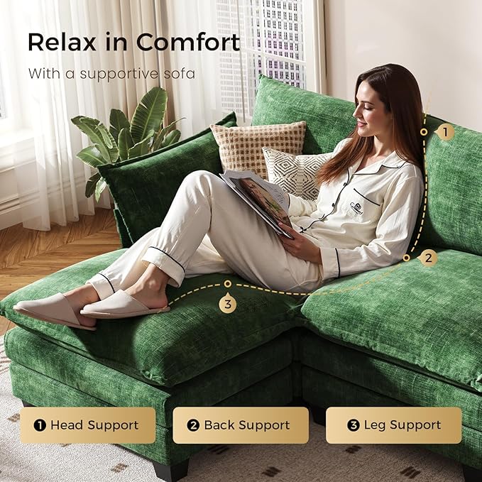 KKL Modular Sectional Sofa, V-Shaped 3 Seater Cloud Couch with Ottoman, Chenille Modern Sectional Couches for Living Room, Apartment Green