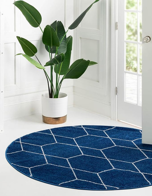Unique Loom Trellis Frieze Collection Area Rug - Geometric (3' Round, Navy Blue/ Ivory)