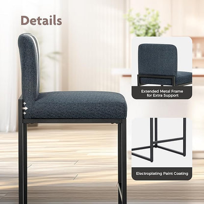 ALPHA HOME 24" Bar Stools Set of 2 Kitchen Counter Stools with Back, Counter Height Stools with Upholstered Footrest for Kitchen Island, Metal Steel Frame, Chenille, Blue