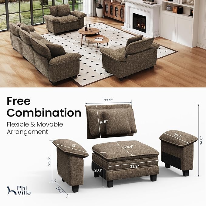 PHI VILLA Cloud Modular Couches Sets, 3 Pieces Large Sectional Sofa Set with Single Sofa, 5-Seater Upholstered Couch for Living Room, Chenille Fabric, Taupe