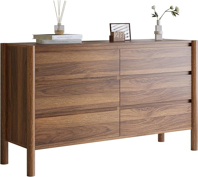 Dresser for Bedroom with 6 Drawers,47" Wide Walnut Dresser with 4 Solid Wood Legs, Wooden TV Stand,Closet Clothes Organizer for Bedroom, Hallway