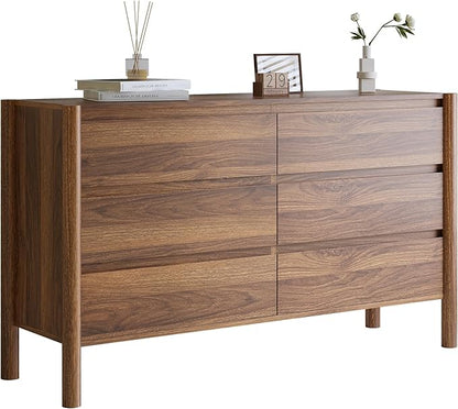 Dresser for Bedroom with 6 Drawers,47" Wide Walnut Dresser with 4 Solid Wood Legs, Wooden TV Stand,Closet Clothes Organizer for Bedroom, Hallway