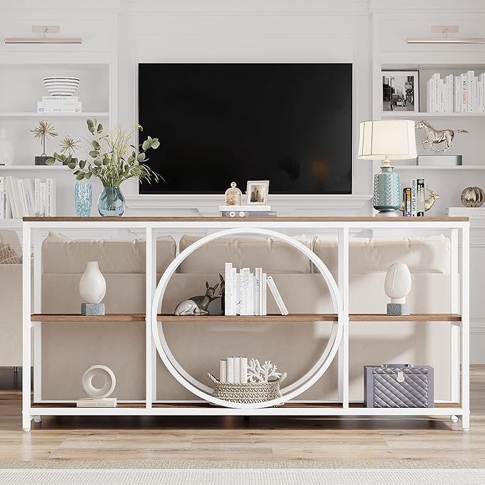 Tribesigns 70.9 inch Sofa Console Table, Extra Long Narrow Entryway Tables with 3 Tier Wood Storage Shelves Industrial Metal Frame for Foyer Hallway Living Room Behind Couch, White Walnut