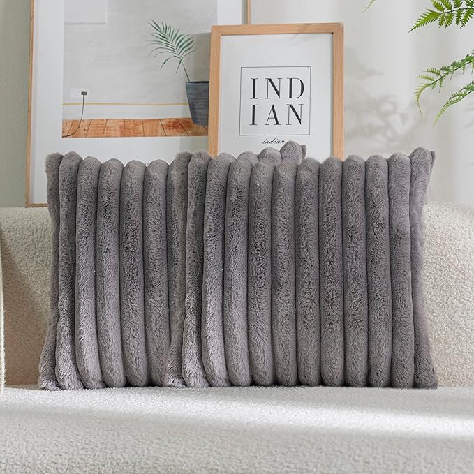 DEELAND Pack of 2,Double-Sided Faux Fur Plush Decorative Throw Pillow Covers Fuzzy Striped Soft Pillowcase Cushion Covers for Sofa Couch Bedroom