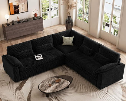Belffin Large Modular Sectional Sofa with Double 61" Loveseat, Corduroy Corner Couch with 9" Soft Dual-Layer Seats Cushion for Living Room, Apartment, Small Sapce, Black