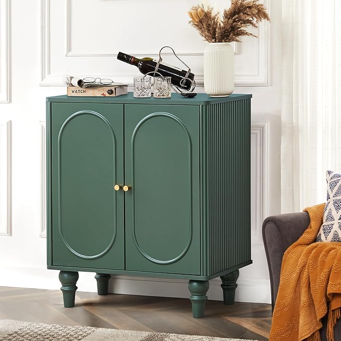 ORRD Fluted Storage Cabinet, Modern Credenza Wooden Accent Sideboard Buffet Cabinet Set of 2 with Adjustable Shelves and Solid Wood Legs, Console Table for Kitchen Dining Living Room Entryway, Green