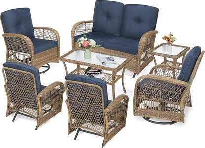 VIVIJASON 7-Piece Outdoor Patio Wicker Conversation Sets, All Weather Outdoor Rattan Furniture Set Includes Glider Loveseat, 2 Glider Rocker Chairs, 2 Swivel-Gliders Chairs, 2 Coffee Table, Navy Blue