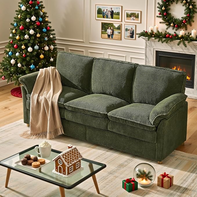 ONBRILL 86.6" Corduroy Couches for Living Room, Comfy 3 Seater Sofa with Pillow-Top Armrest & Dual-Layer Cushions, Mid Century Modern Couch for Bedroom, Apartment, Green