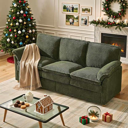 ONBRILL 86.6" Corduroy Couches for Living Room, Comfy 3 Seater Sofa with Pillow-Top Armrest & Dual-Layer Cushions, Mid Century Modern Couch for Bedroom, Apartment, Green