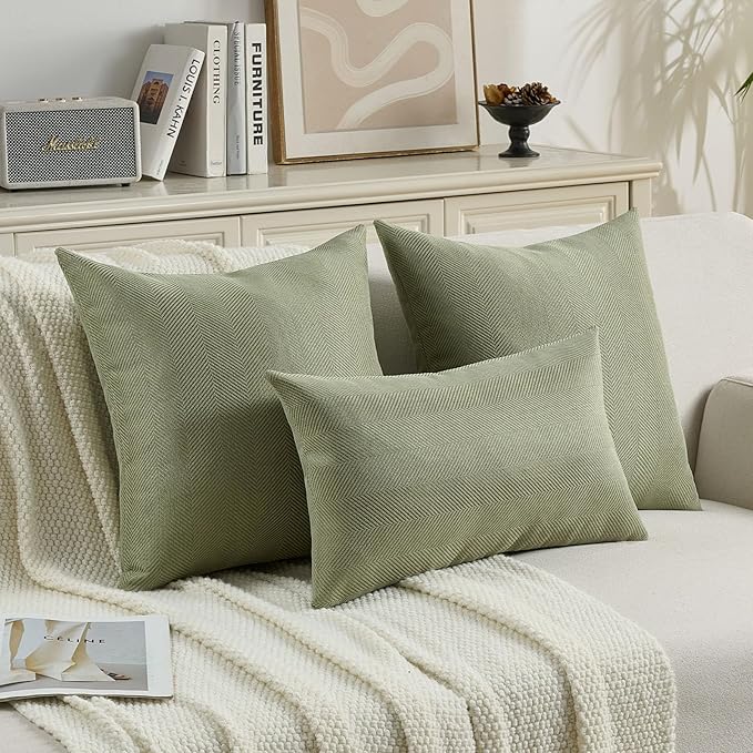 FUTEI Sage Green Chenille Throw Pillow Covers 12x20 Inch Set of 2,Soft Wide Chevron Textured Lumbar Pillow Cases,Farmhouse Home Decor for Couch Bed Living Room