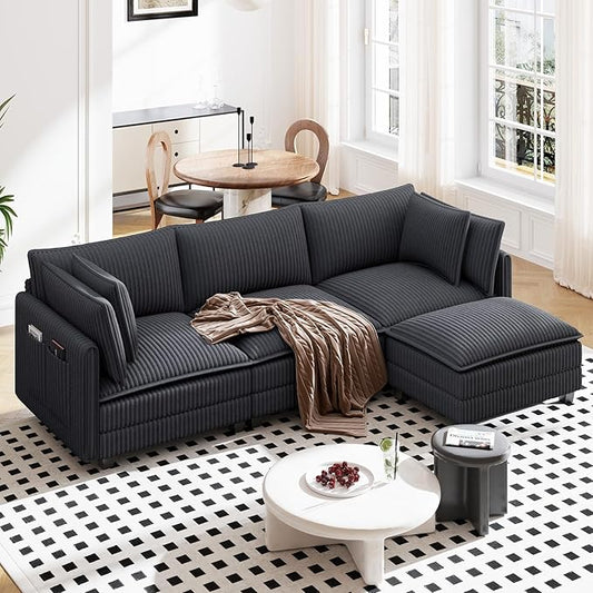 Vesgantti 109" L Shaped Cloud Sectional Couch, Comfy Corduroy Upholstered Modular Couches for Living Room, Modern 3 Seater Sectional Sofa with Ottoman Deep Seat, Dark Grey