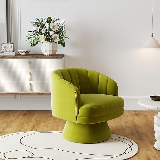 Swivel Accent Chair,Upholstered Velvet 360° Swivel Barrel Chair for Living Room Overstuffed Bouncle Reading Chair Round Armchair for Bedroom,Vanity,Office (Grass Green)