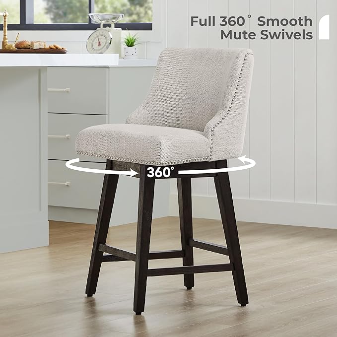 CHITA Counter Height Swivel Bar Stools Set of 2, FSC Certified Upholstered Counter Stools, Modern Swivel Barstools with Wood Legs for Kitchen Island, 26" Seat Height, Fabric in Ivory