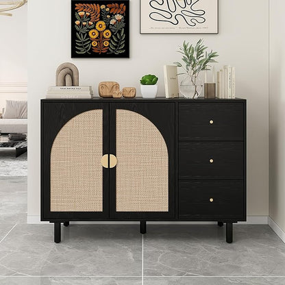 Black Sideboard Cabinet with 2 Rattan Doors and 3 Drawers, Rattan Buffet Cabinet with Adjustable Shelves & Pine Legs, Boho Sideboard Buffet for Living Room, Kitchen, Entryway, Black