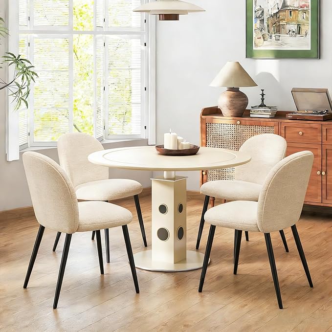 Upholstered Dining Chairs Set of 4, Modern Kitchen Side Chair with Padded Seat Comfortable Chenille Fabric Study Black Matel Legs,Desk Chair with Back for Dining Rooms, Beige