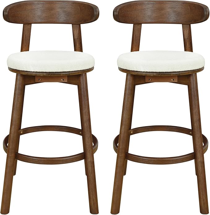 Christopher Knight Home Soley Modern Counter Height Bar Stools Set of 2, Boucle Fabric Round Stool Chair for Kitchen Island, Upholstered Counter Stool with Footrest and Backrest, Walnut+Beige