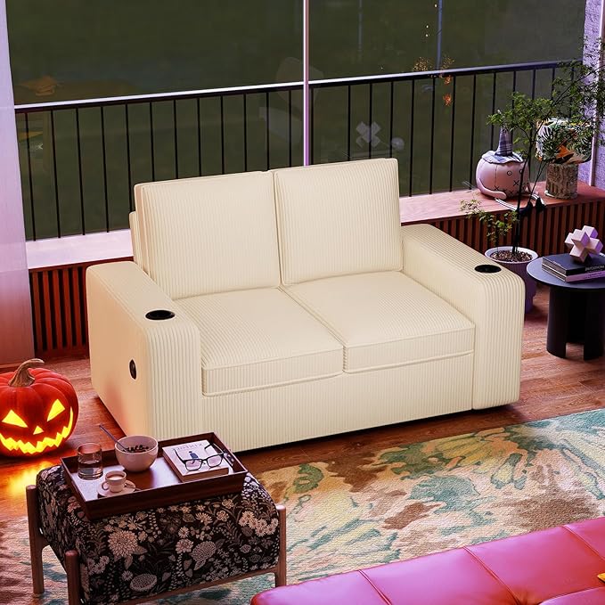 Furnimart 58" Wide Plush Loveseat, 2-Seater Sofa with Dual-Port USB Charger & Cup Holders, Corduroy Fabric, Modern Accent Couch for Small Spaces, Apartment, Living Room(Corduroy-Beige)