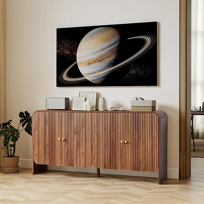 59” Large Buffets Sideboard Cabinet with Storage, Fluted Curved Credenza Buffet Table Storage Cabinet with 4 Doors, Modern Wood Accent Console Table Coffee Bar for Living Room Kitchen Hallway, Walnut