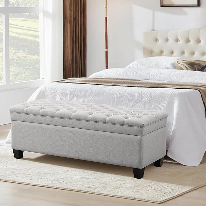 50" Storage Ottoman Bench, Rectangular End of Bed Storage Bench, Upholstered Large Fabric Tufted Ottoman with Storage for Living Room, Bedroom, Entryway,Light Gray