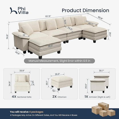 PHI VILLA Cloud Modular Couch Sets, 157.5" Sectional Sofa with U-Shaped Chaise, 6-Seater Couches with Movable Ottomans for Living Room, Corduroy Fabric, Beige