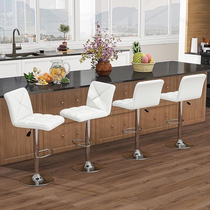 COSTWAY Bar Stools Set of 2, Modern PU Leather Swivel Bar Chairs, Height Adjustable Upholstered Barstools with Premium Gas Rod, Sturdy Footrest, Round Base, for Kitchen, Dining Room, Office,White