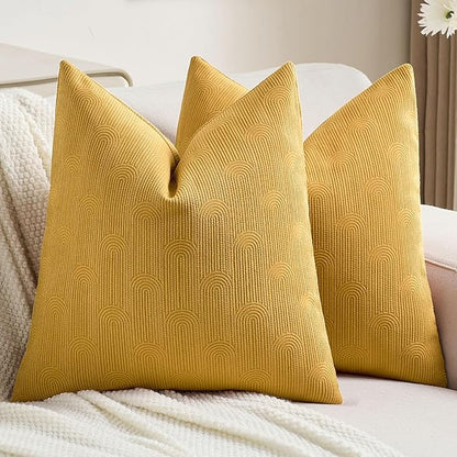 FUTEI Mustard Yellow Chenille Decorative Throw Pillow Covers 22x22 Inch Set of 2,Soft Cozy Striped Geometric Patterns Cushion Cases,Modern Home Decor for Couch Bed Living Room
