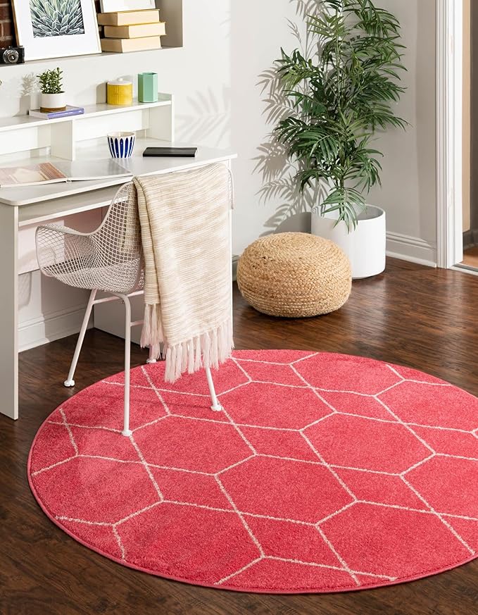 Unique Loom Trellis Frieze Collection Area Rug - Geometric (4' 1" Round, Pink/ Ivory)