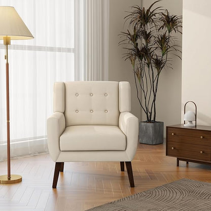 Accent Chair, Mid-Century Modern Fabric Chairs with Arms for Living Room, Comfy Upholstered Club Single Sofa Armchair for Bedroom Waiting Room with Solid Wood Frame (Fabric White, Set of 2)