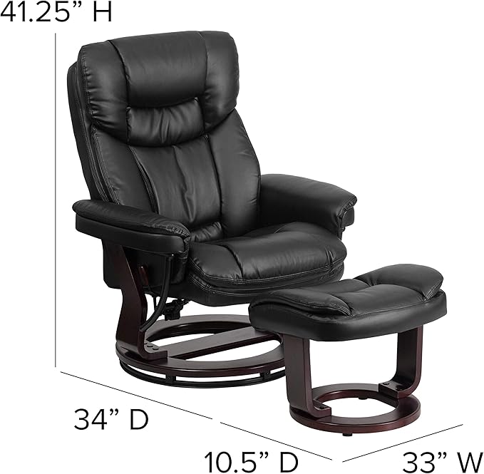 Flash Furniture Allie LeatherSoft Upholstered Recliner with Footrest, Arms, and Headrest, Padded Swivel Recliner Chair and Ottoman Set, Black