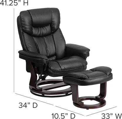 Flash Furniture Allie LeatherSoft Upholstered Recliner with Footrest, Arms, and Headrest, Padded Swivel Recliner Chair and Ottoman Set, Black