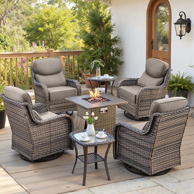 Belord Luxury 6" Thick Cushioned Outdoor Swivel Rocker Chairs Set of 4 with Fire Pit Table, High Back Wicker Patio Furniture Set with Ergonomic Zone Back, Conversation Set for Deck Porch - Grey+Grey