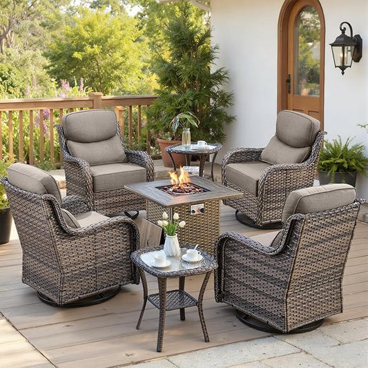 Belord Luxury 6" Thick Cushioned Outdoor Swivel Rocker Chairs Set of 4 with Fire Pit Table, High Back Wicker Patio Furniture Set with Ergonomic Zone Back, Conversation Set for Deck Porch - Grey+Grey