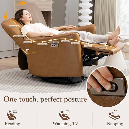 Power Swivel Recliner Chair, Faux Leather Glider Electric Rocking Chair for Adults. Nursery Rocker Single Sofa Chair with Lumbar Support for Living Room. Dual-port Charging: Type-C&USB, Brown