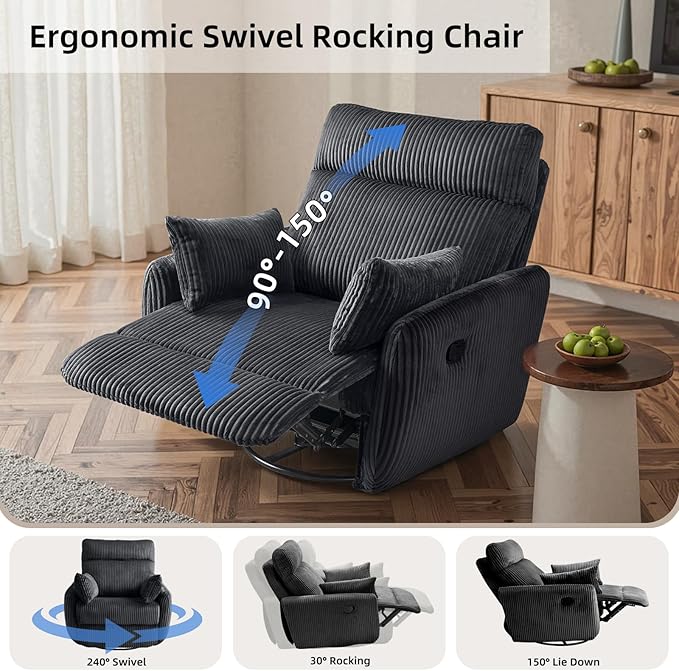 Swivel Recliner Chair for Adults, Corduroy Nursery Glider Rocking Chair, Armchair with 2 Pillows, Comfy High Back Reclining for Small Spaces, Nursery Bedroom Living Room (Corduroy Black, 1 Pack)