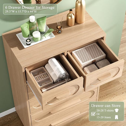 6 Drawer Dresser for Bedroom, 44" Tall Dressers & Chest of Drawers w/Solid Wood Handle, Wood Mid Century Closet Organizers and Storage Cabinet for Bedroom, Living Room, Hallway, Natural Oak