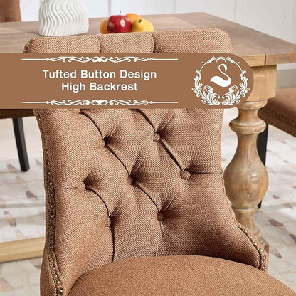 Linen Upholstered Dining Chairs Set of 6, Modern Style Kitchen Side Chairs with Nailhead Trim and Wood Leg, Metal Pulling Ring for Dining Room Living Room(Coffee,Set of 6)