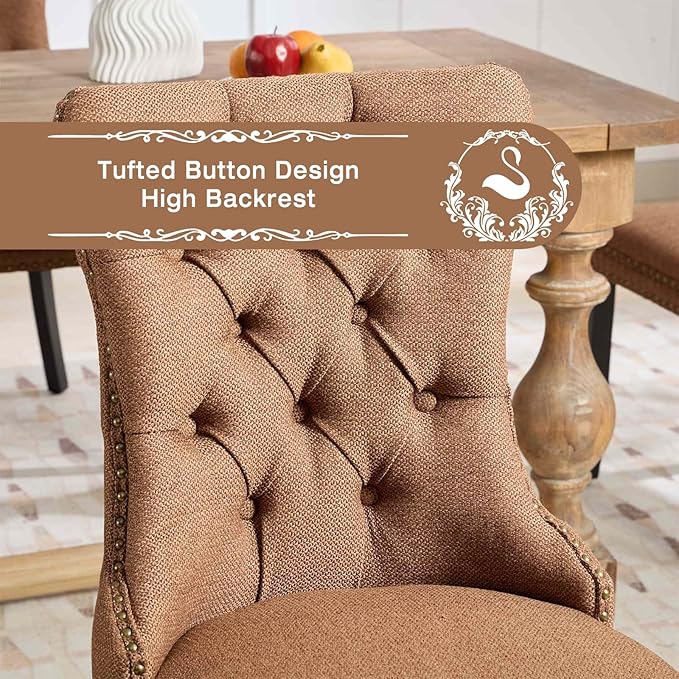 Linen Upholstered Dining Chairs Set of 2, Modern Style Kitchen Side Chairs with Nailhead Trim and Wood Leg, Metal Pulling Ring for Dining Room Living Room(Coffee,Set of 2)