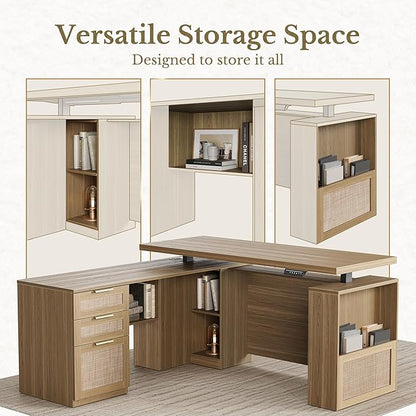 63 Inches L Shaped Standing Desk, Executive Standing Desk with Drawers and File Cabinet, AC/USB, 1.18" Desktop, Multi-Sized Storage Cubby, Privacy Panel, Rattan Computer Desk, Natural Oak